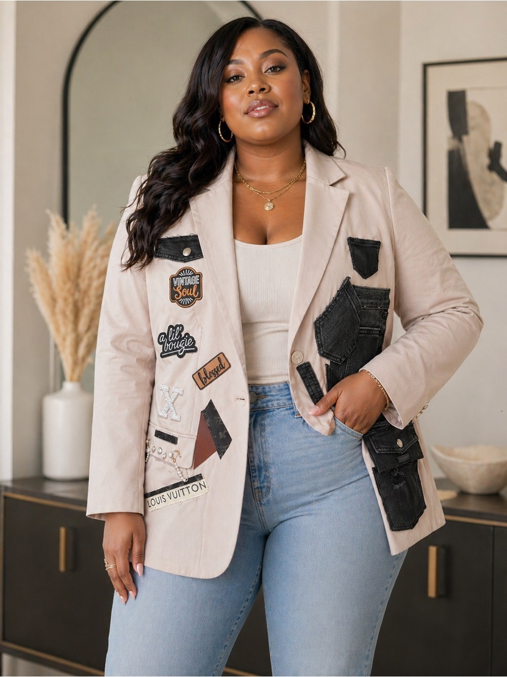 Upcycled Stylish Patchwork and denim Beige Blazer Jacket size 16
